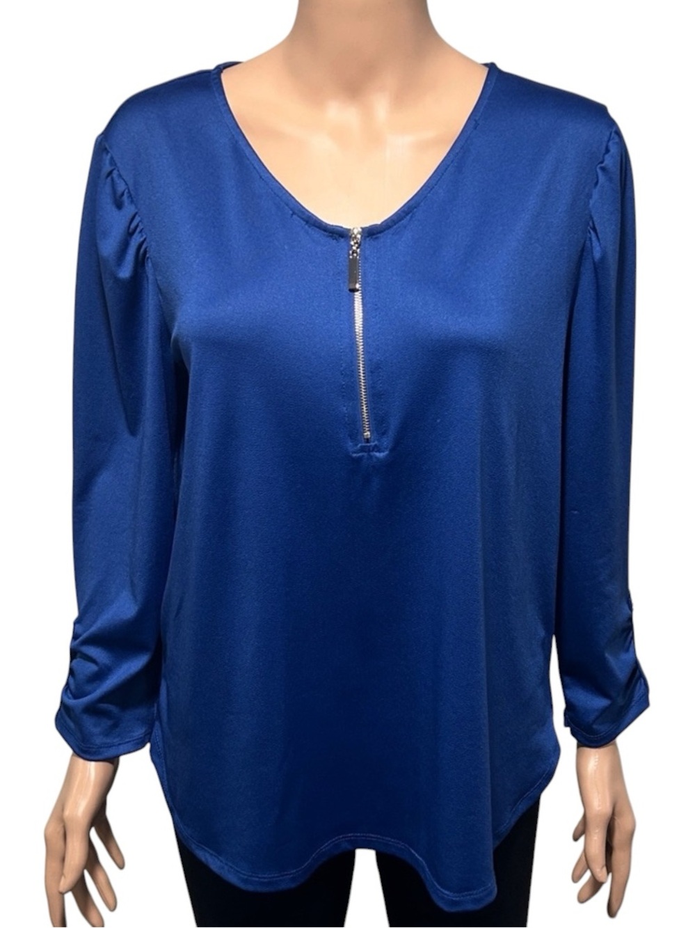 Chic V-Neck Blue Blouse with Zipper